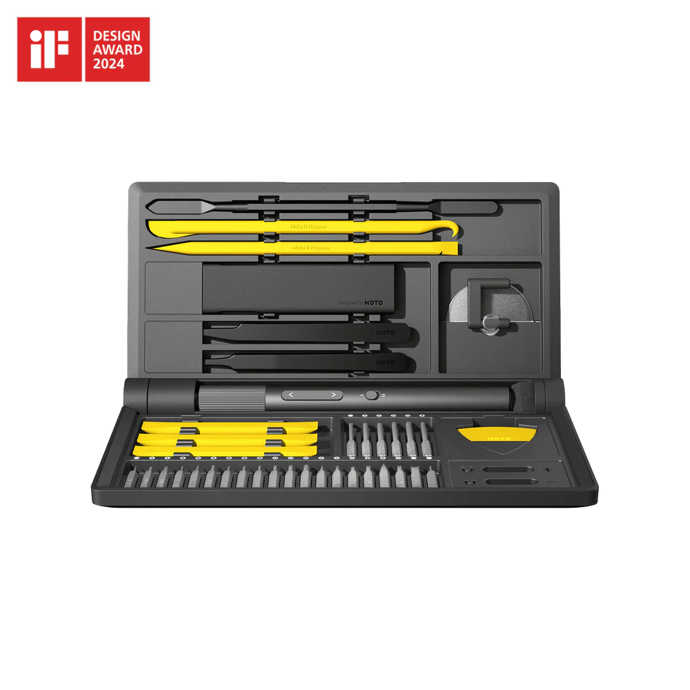Tool set with yellow and black components in an open case on a white background, featuring the iF Design Award 2024 logo.