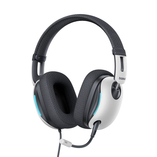 Black and white gaming headset with brand logo on a white background