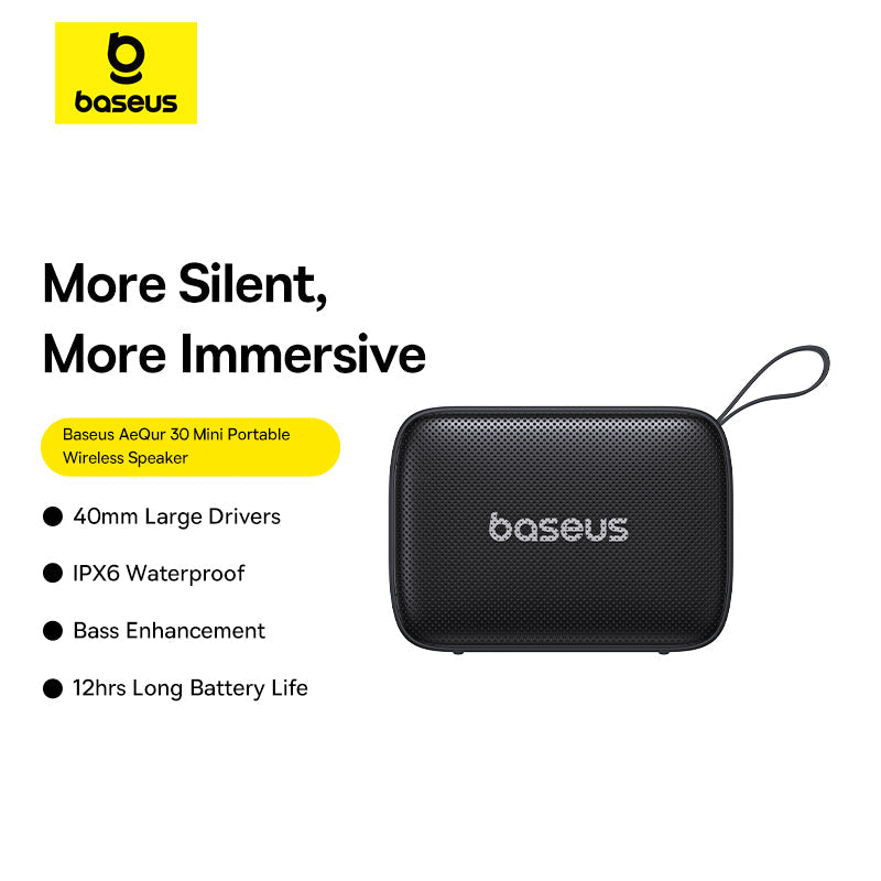 Baseus portable wireless speaker with features listed on a white background