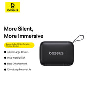 Baseus portable wireless speaker with features listed on a white background