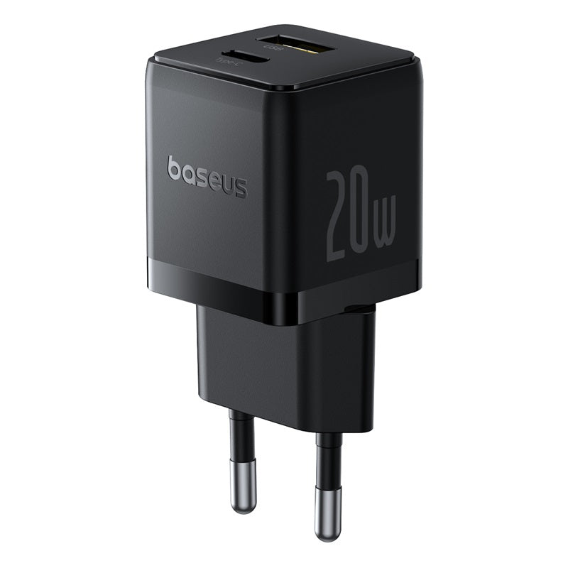 Black charging adapter with USB port and 'baseus' branding on a white background