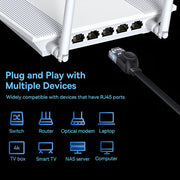Router with Ethernet cable and compatibility icons on a black background