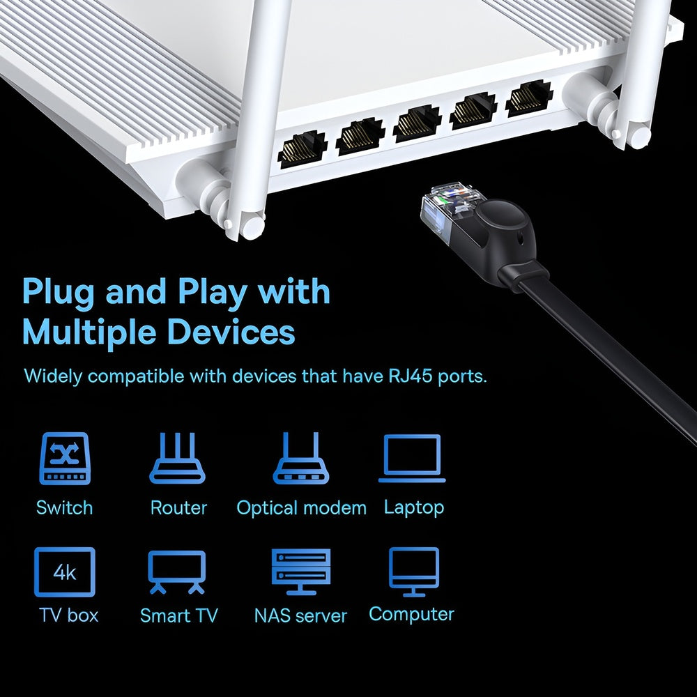 Router with Ethernet cable and compatibility icons on a black background