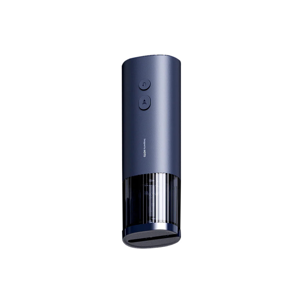 HOTO Electric Wine Opener. Blue cylindrical device with buttons on a white background