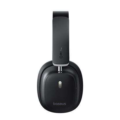 Black over-ear headphones with 'baseus' branding on a white background