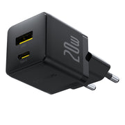 Black power adapter with USB and Type-C ports on a white background