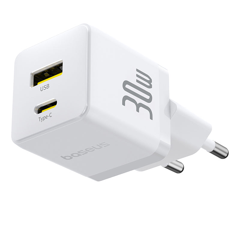 White power adapter with USB and Type-C ports on a white background