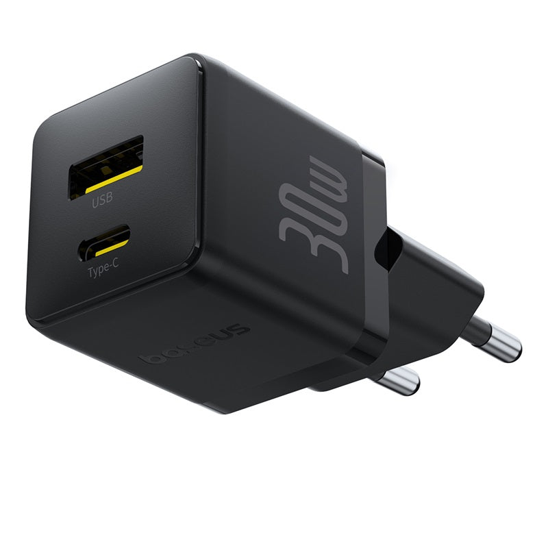 Black multi-port charger with USB and Type-C ports on a white background