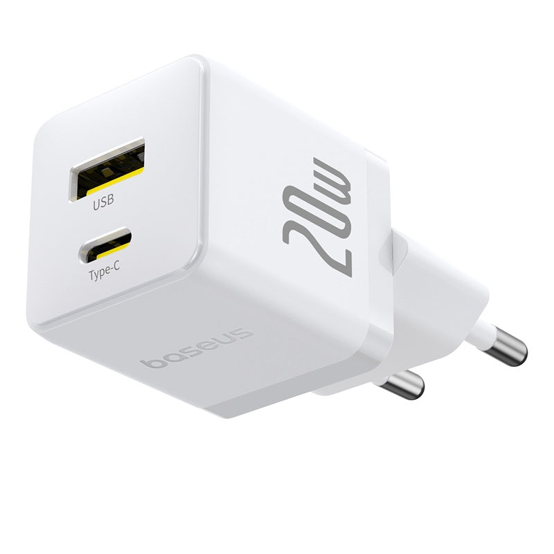 White power adapter with USB and Type-C ports on a white background