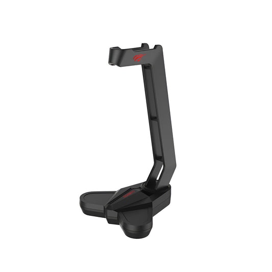 Black gaming headset stand on a white background