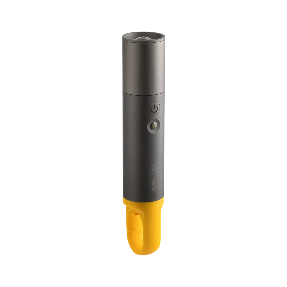 HOTO Flashlight Lite 1000 Lumens Rechargeable Torch Black and yellow handheld device on a white background
