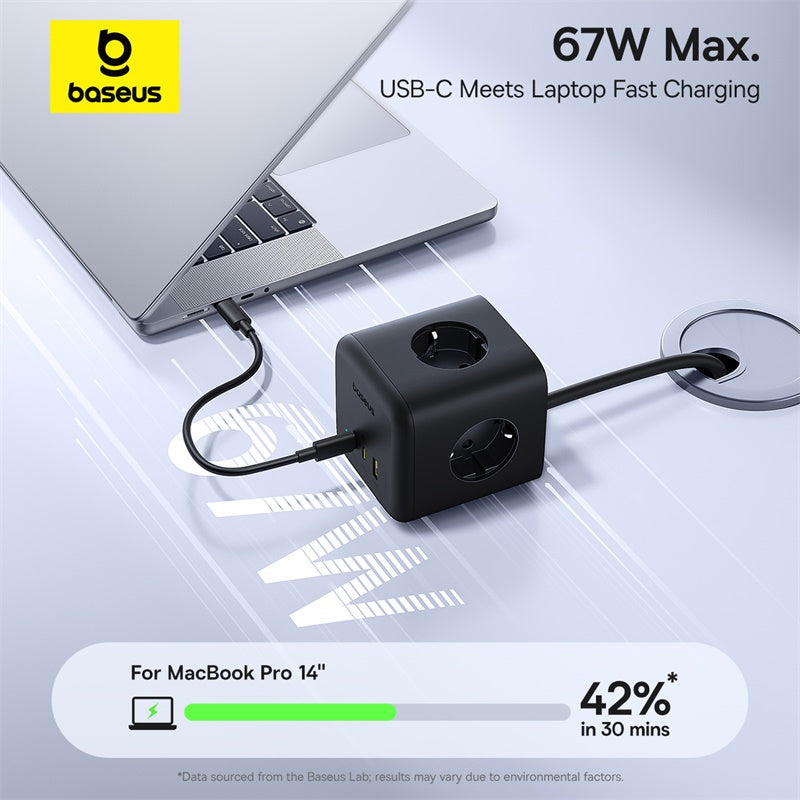 Baseus USB-C adapter charging a laptop with text indicating 67W max power and fast charging capabilities.