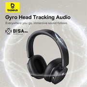 Black headphones with baseus logo and text on a light gray background