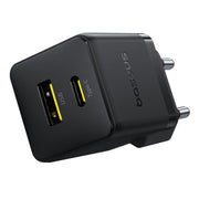 Black power adapter with USB and USB-C ports on a white background