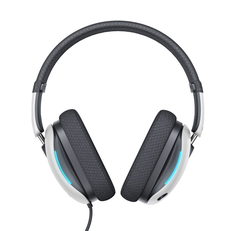 Black and silver headphones with blue lights on a white background