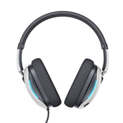 Black and silver headphones with blue lights on a white background