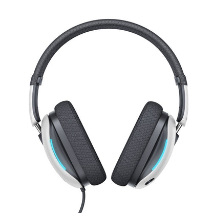 Black and silver headphones with blue lights on a white background