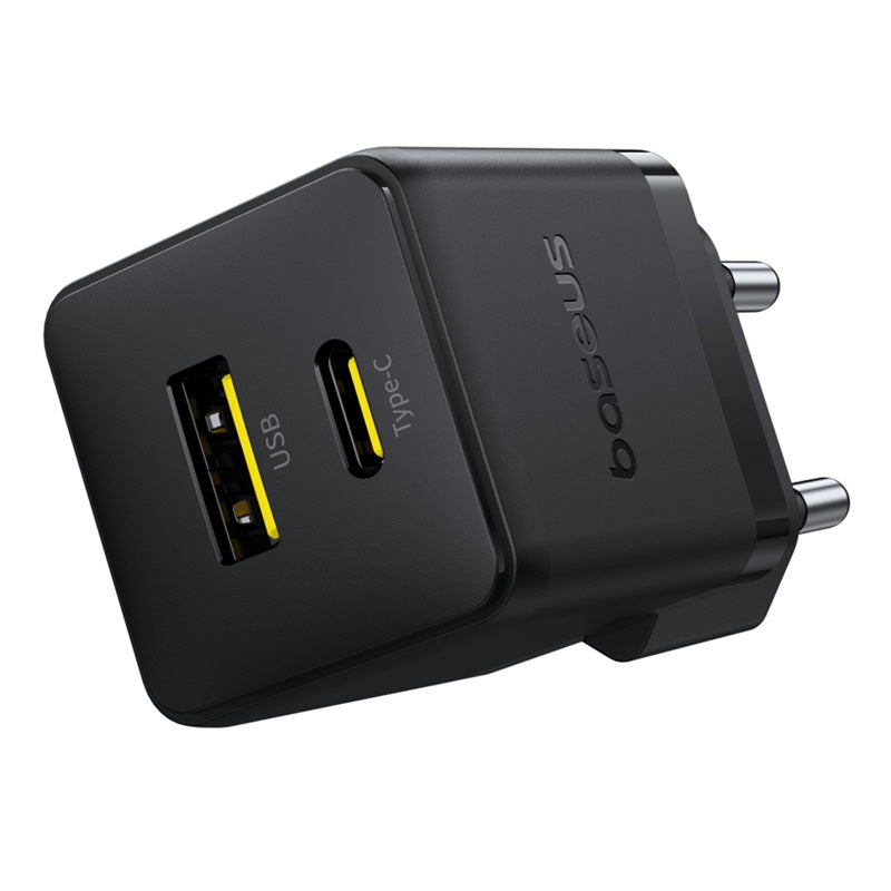Black power adapter with USB and USB-C ports on a white background