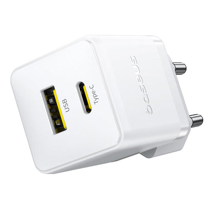 White power adapter with USB and Type-C ports on a white background