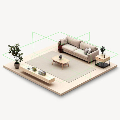 HOTO Laser Level, Modern living room with a sofa, coffee table, and decorative items on a white background