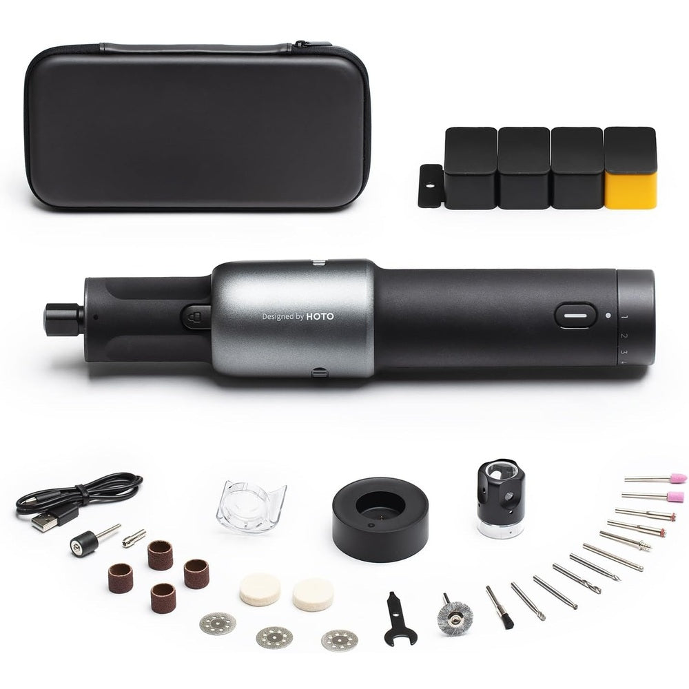 HOTO 35 in 1 Rotary Tool Kit, Black and silver rotary tool with accessories on a white background