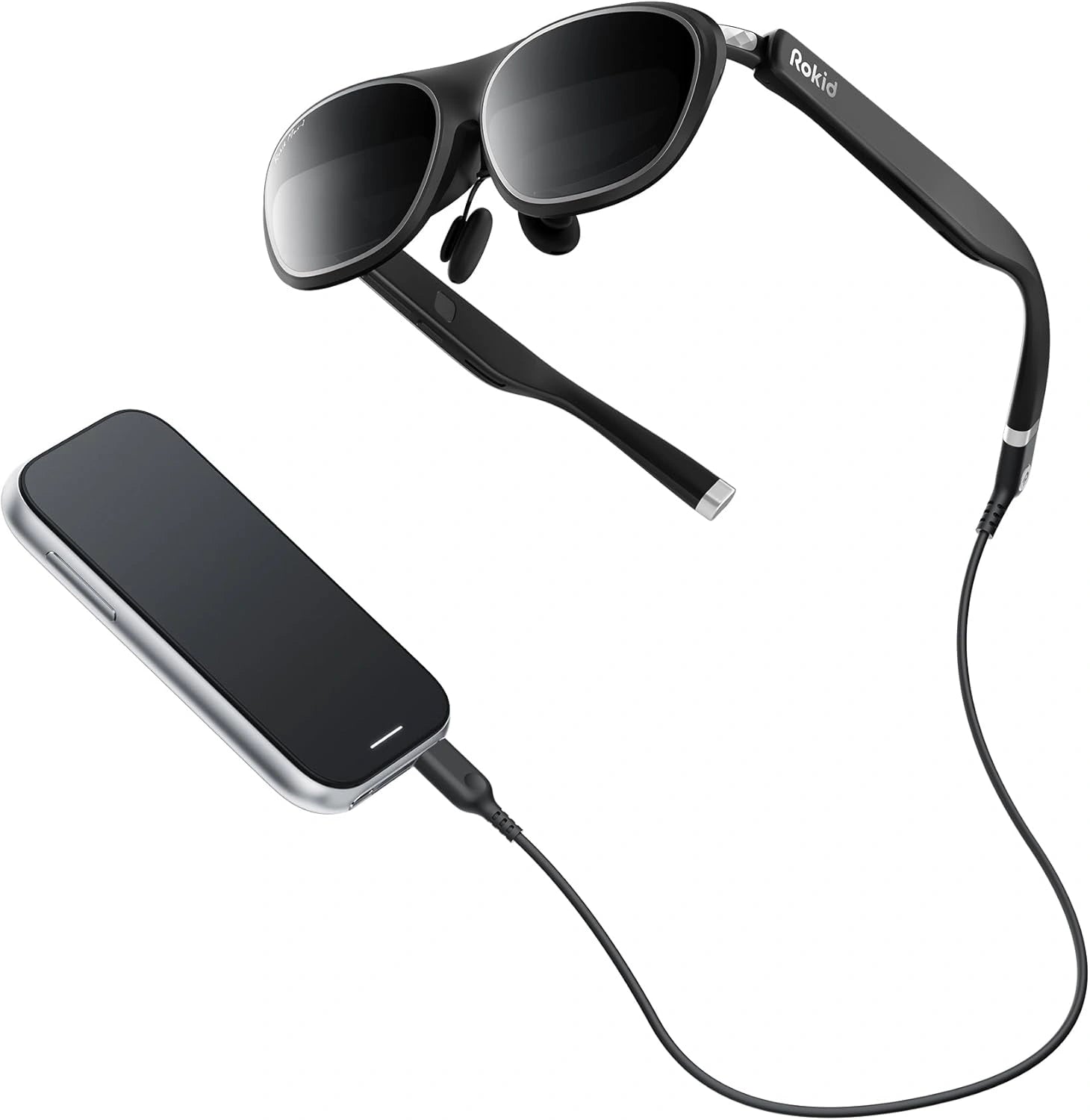 Rokid AR Spatial AR Glasses (215" Virtual Screen, 120Hz, USB‑C, Myopia Adjustment) Sunglasses with a phone and cable on a white background