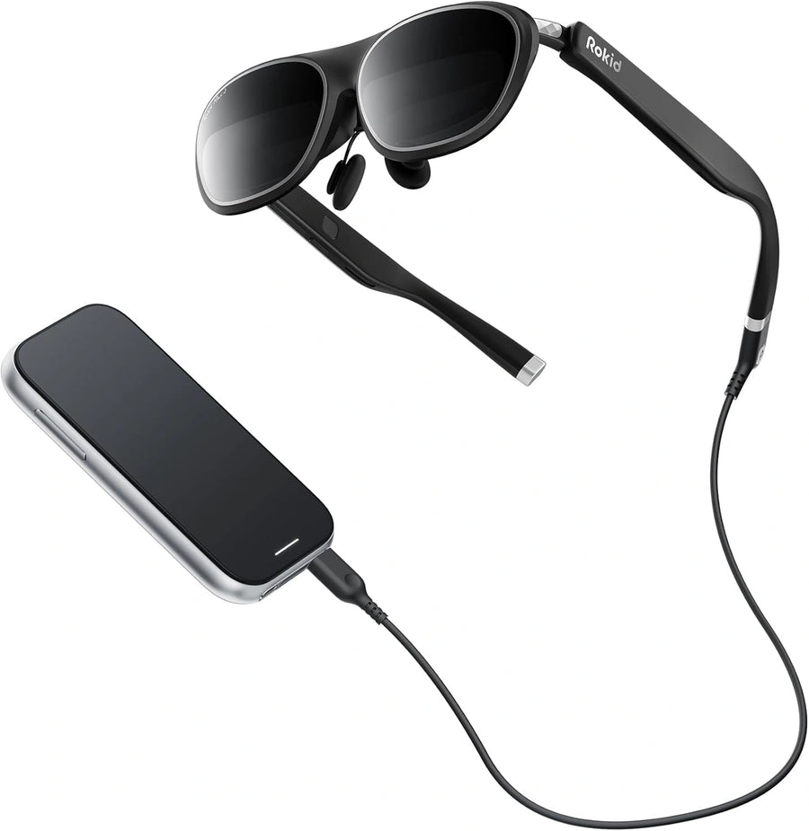 Rokid AR Spatial AR Glasses (215" Virtual Screen, 120Hz, USB‑C, Myopia Adjustment) Sunglasses with a phone and cable on a white background