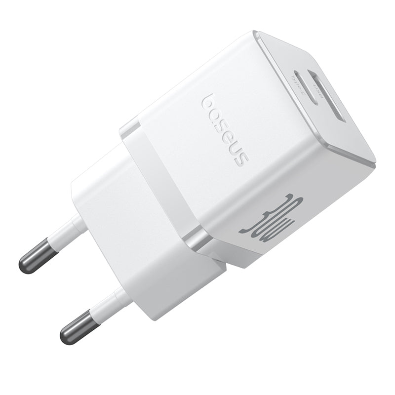White USB-C adapter with dual plug on a white background
