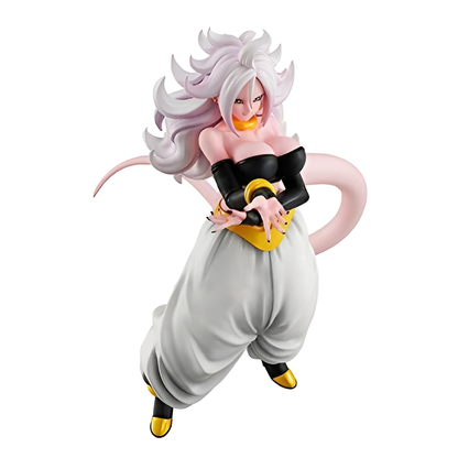 Action figure of a character with white hair and pink accents on a white background