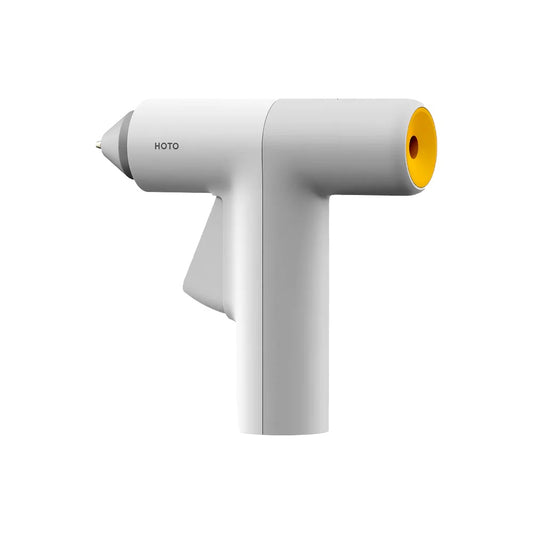 HOTO Lithium Glue Gun, White handheld device with a yellow nozzle on a white background