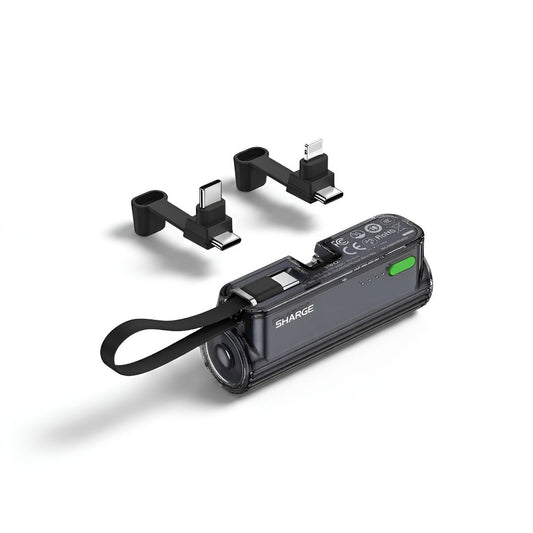 Sharge Flow Mini 2 22.5W Power Bank (5000mAh, Built‑in USB‑C & Lightning) Black portable charger with multiple connectors on a white background