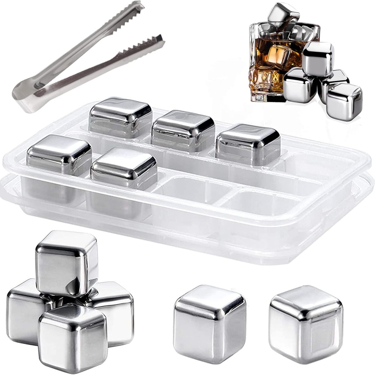 Set of stainless steel ice cubes with a tray and tongs on a white background