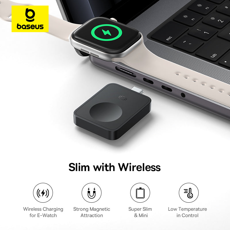 Baseus wireless charging device for smartwatch next to a laptop on a white background