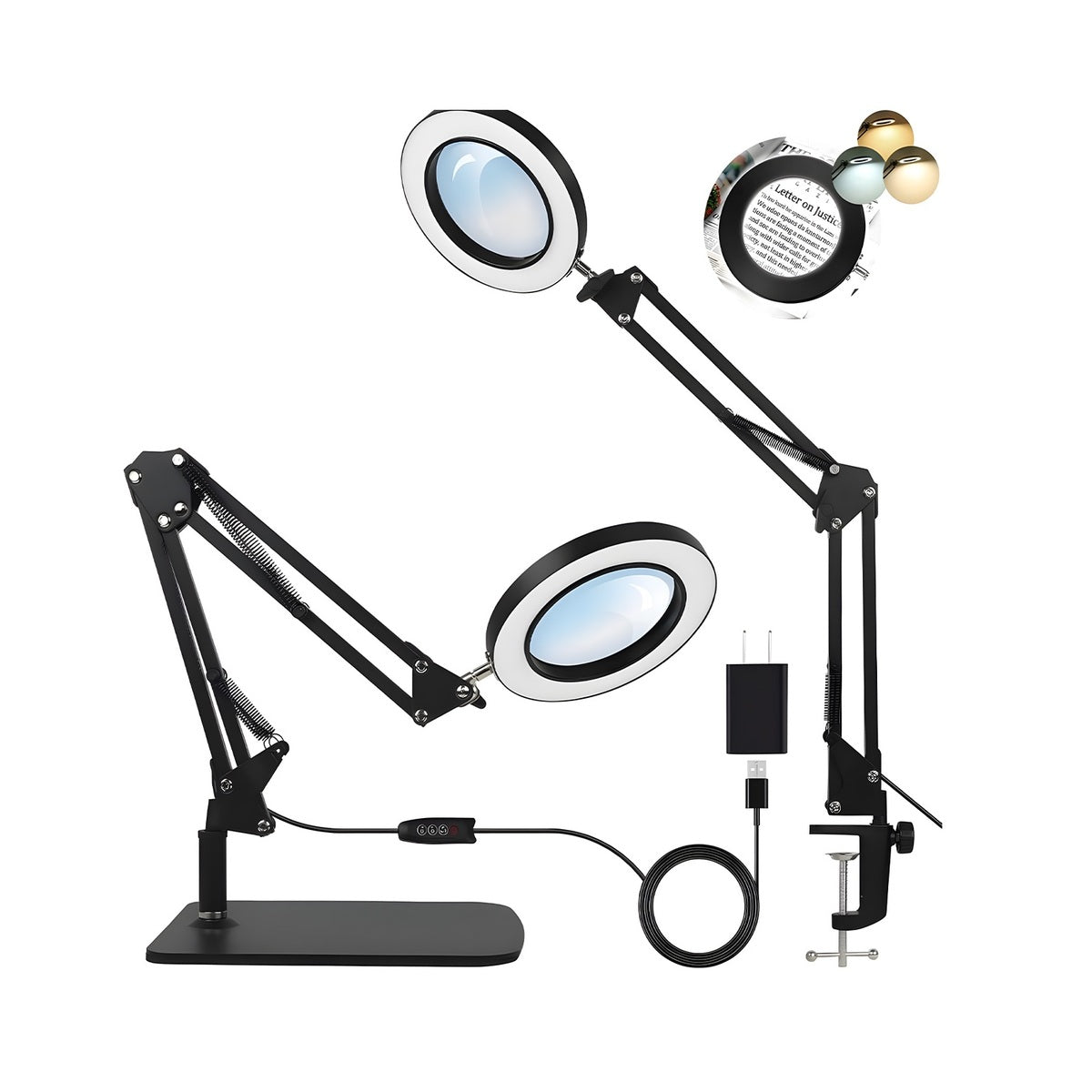 Adjustable magnifying lamp with multiple light settings on a white background