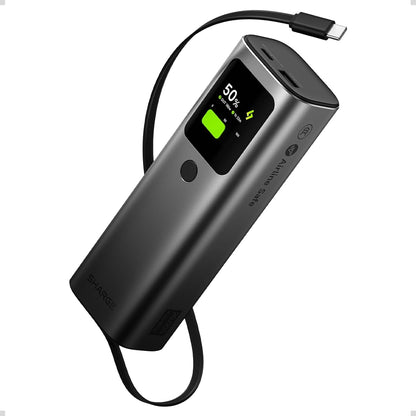 Sharge Retractable 165W Power Bank (20000mAh, Built‑in 100W USB‑C Cable) Black power bank with digital display on a white background