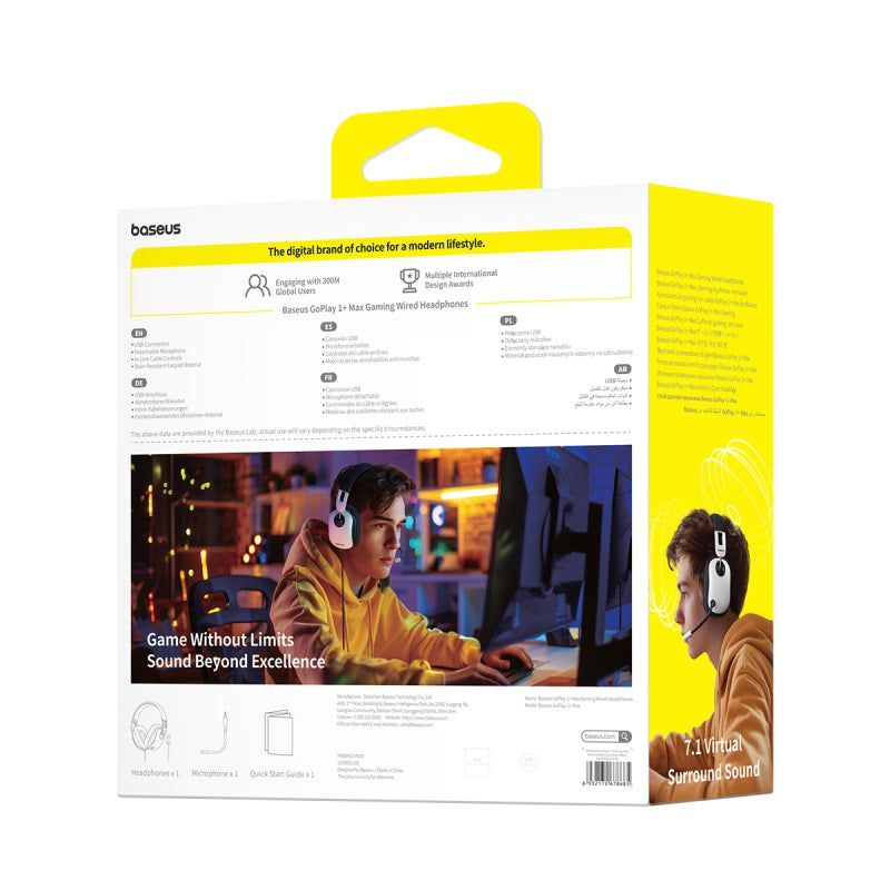 Baseus gaming headset packaging with a person wearing headphones in a room.
