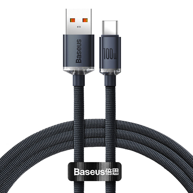 A black Baseus Crystal Shine Series 100W fast charging data cable with a USB to Type-C connector on one end and a velcro strap on the other.