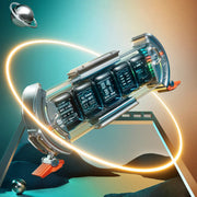 Futuristic power strip with glowing cables on a gradient background