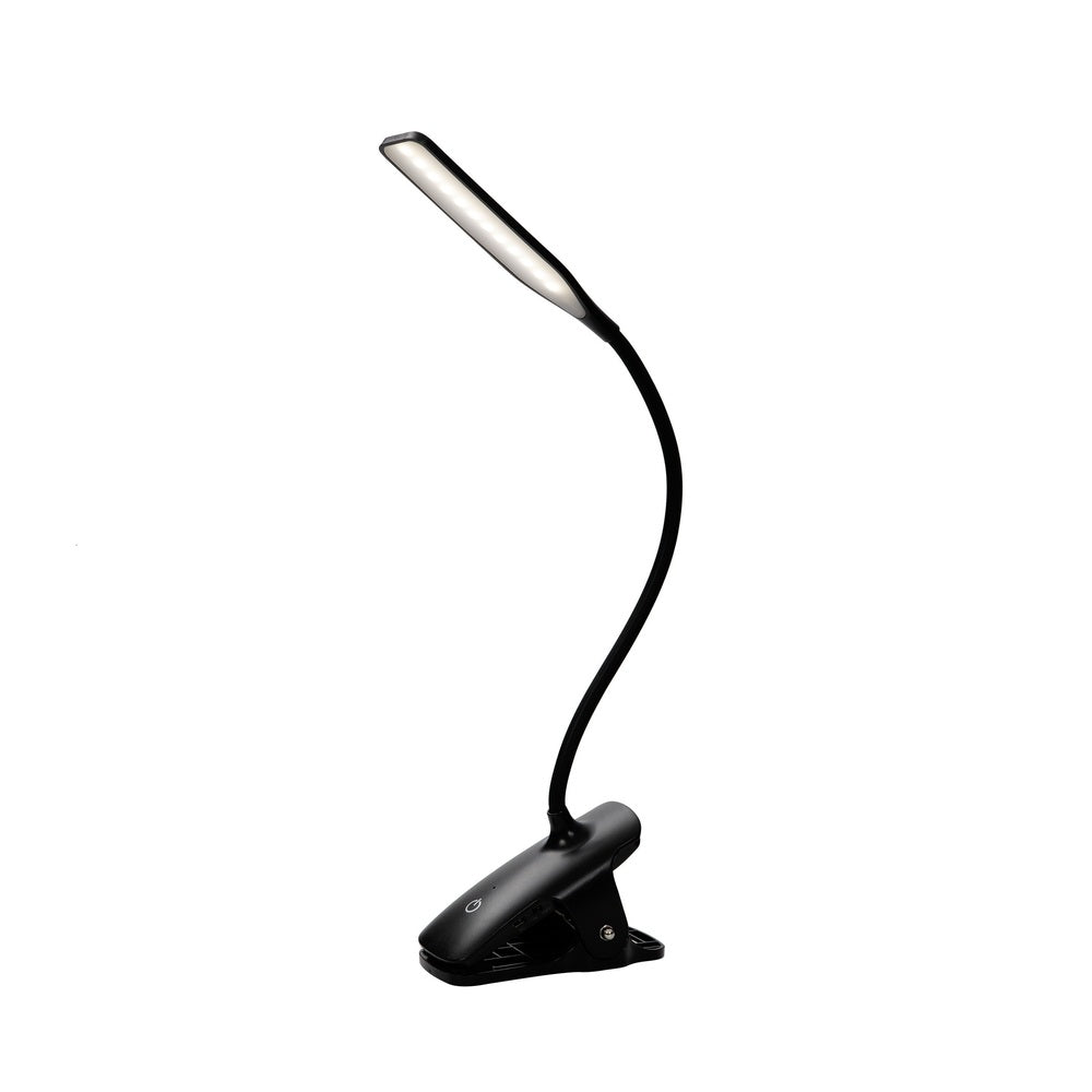Black LED desk lamp with flexible neck on a white background