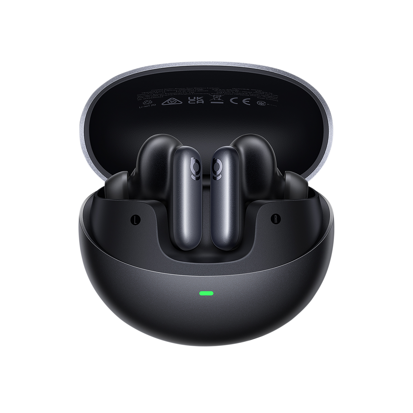 Black wireless earbuds in a charging case on a white background