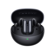 Black wireless earbuds in a charging case on a white background