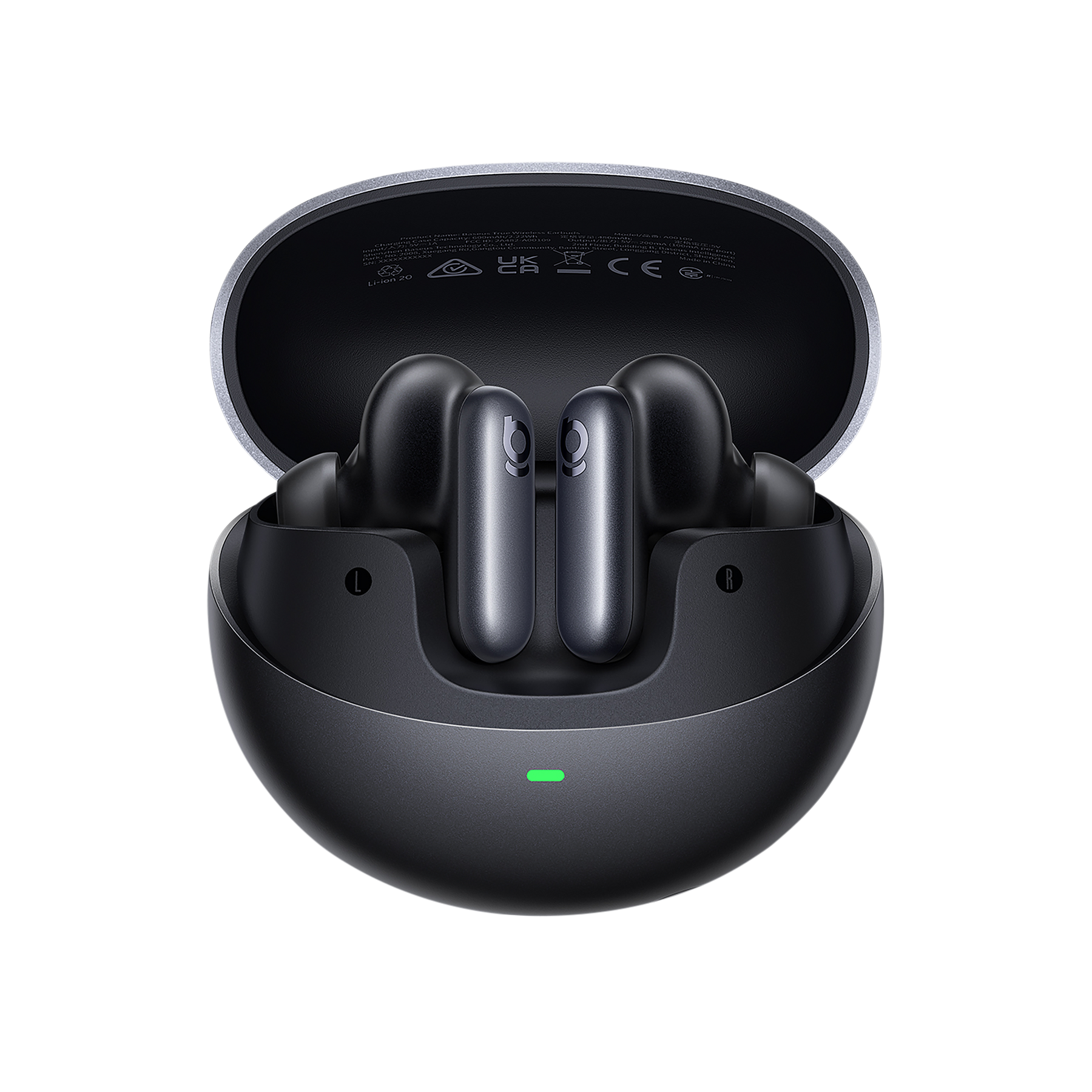 Black wireless earbuds in a charging case on a white background