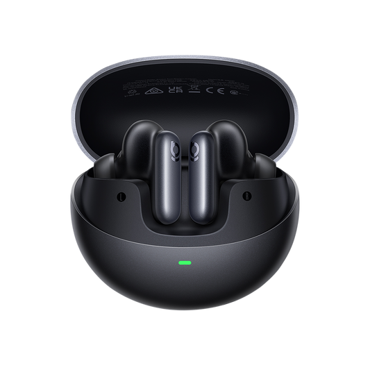 Black wireless earbuds in a charging case on a white background