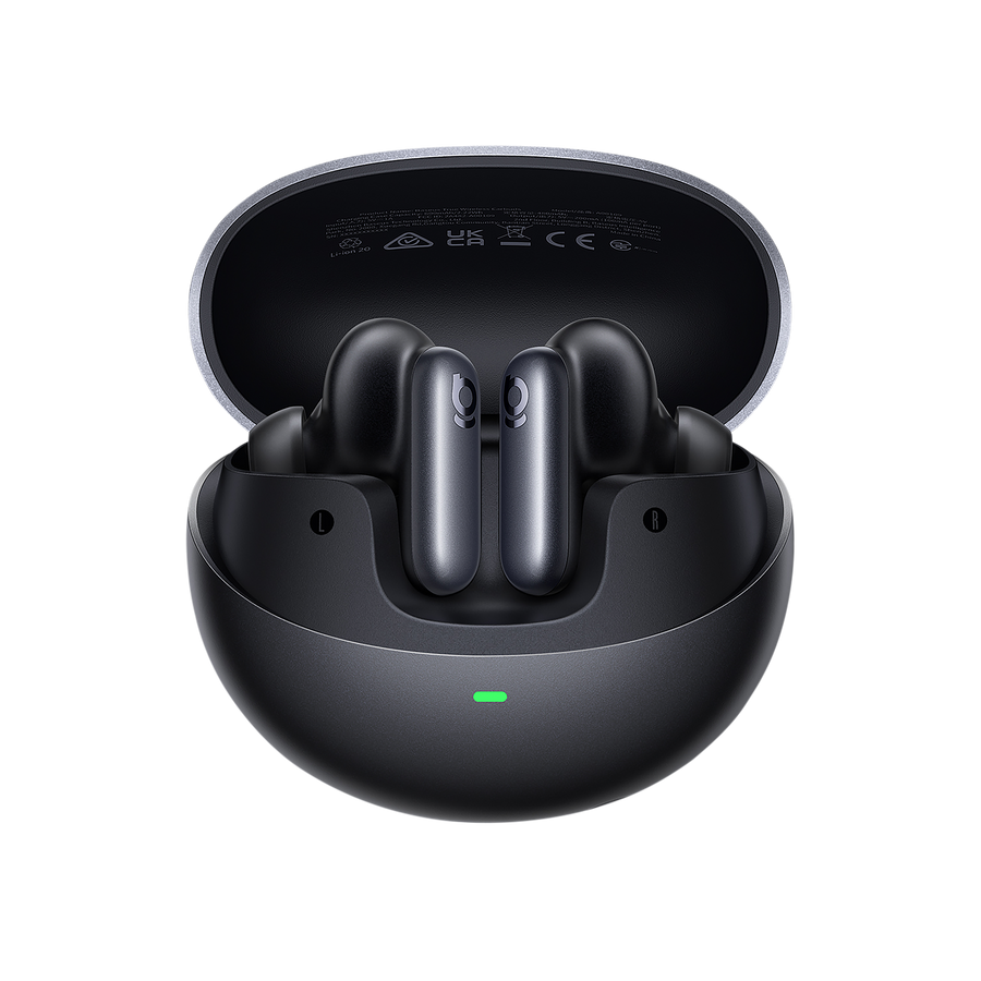 Black wireless earbuds in a charging case on a white background