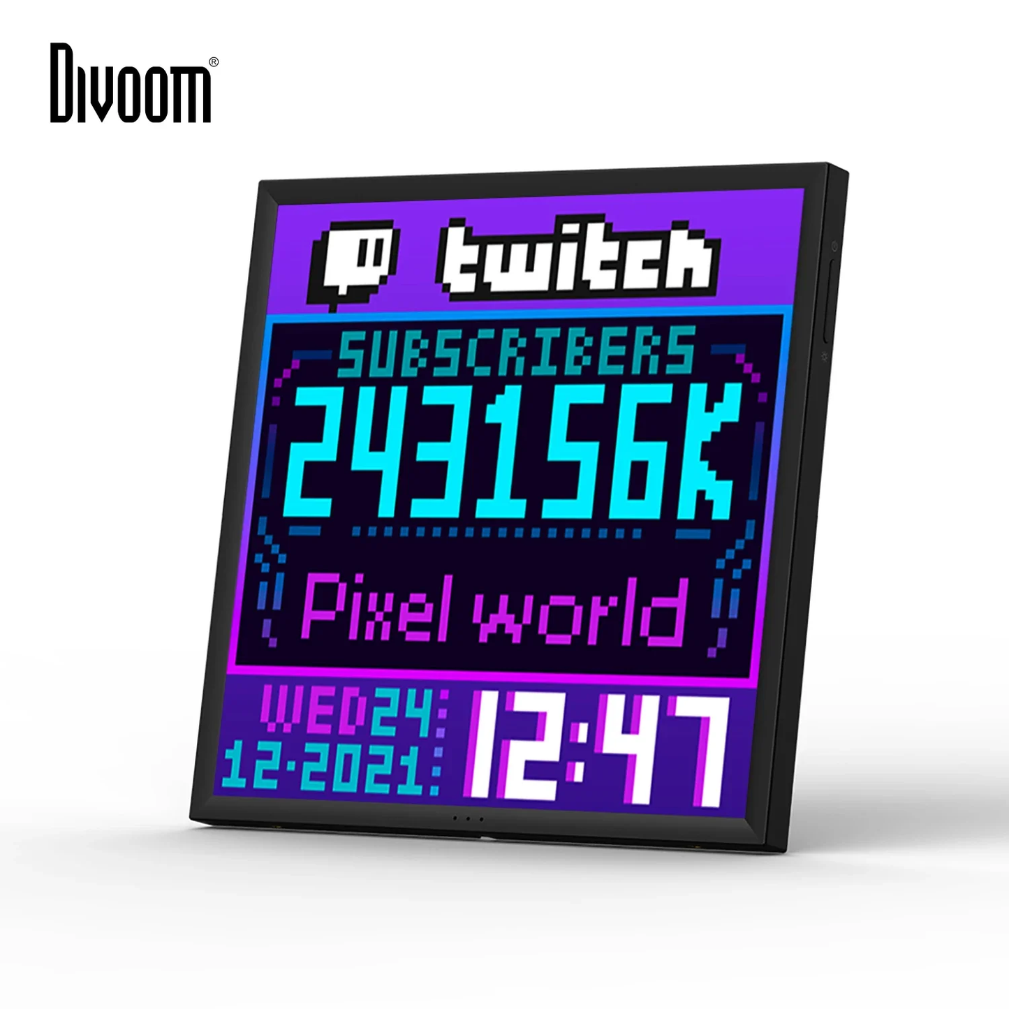 Divoom Pixoo 16×16 RGB Pixel LED Display (Smart App, Desktop & Wall Mount) Digital display with Twitch subscriber count and 'Pixel World' on a white background