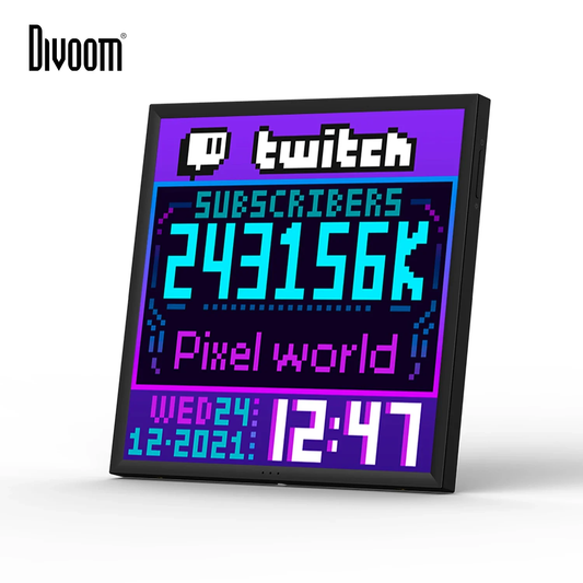 Divoom Pixoo 16×16 RGB Pixel LED Display (Smart App, Desktop & Wall Mount) Digital display with Twitch subscriber count and 'Pixel World' on a white background