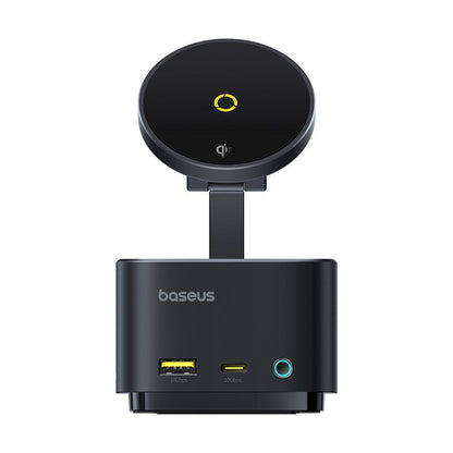 Black wireless charging pad with USB ports and baseus branding on a white background