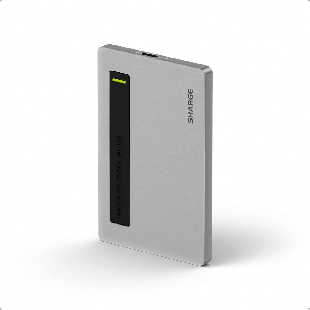 Sharge Disk Plus Ultra‑Slim SSD Enclosure (0.24", 10Gbps, 4TB, 100W PD)
Silver electronic device with a green indicator light on a white background