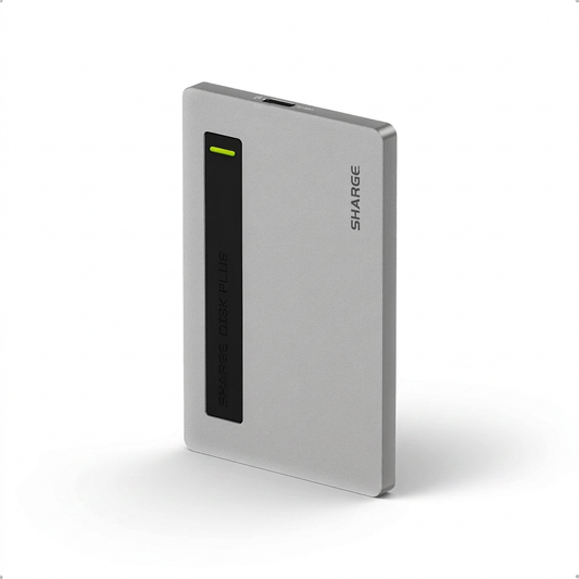 Sharge Disk Plus Ultra‑Slim SSD Enclosure (0.24", 10Gbps, 4TB, 100W PD)
Silver electronic device with a green indicator light on a white background