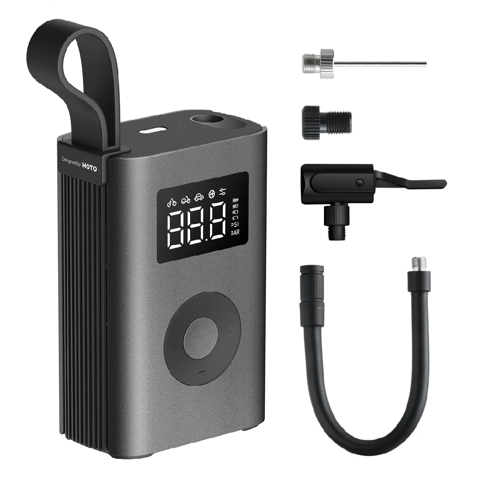 HOTO Electric Air Pump, Portable air pump with digital display and accessories on a white background